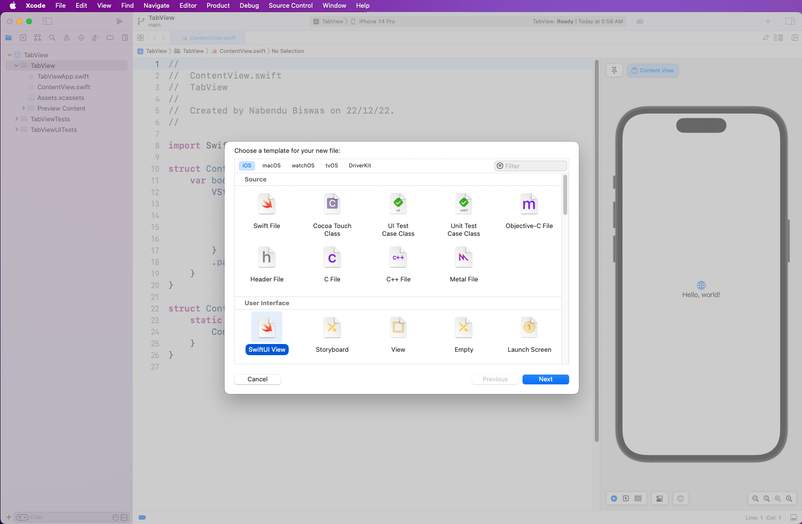 Pop-up titled "Choose a template for your new file:". "SwiftUI View" is selected. "Next" button is located on the bottom right of pop-up window.