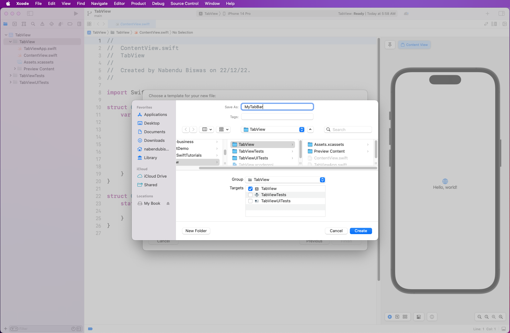 Pop-up shows saving the file as "MyTabBar." The section labeled "Targets" shows "TabView" selected.