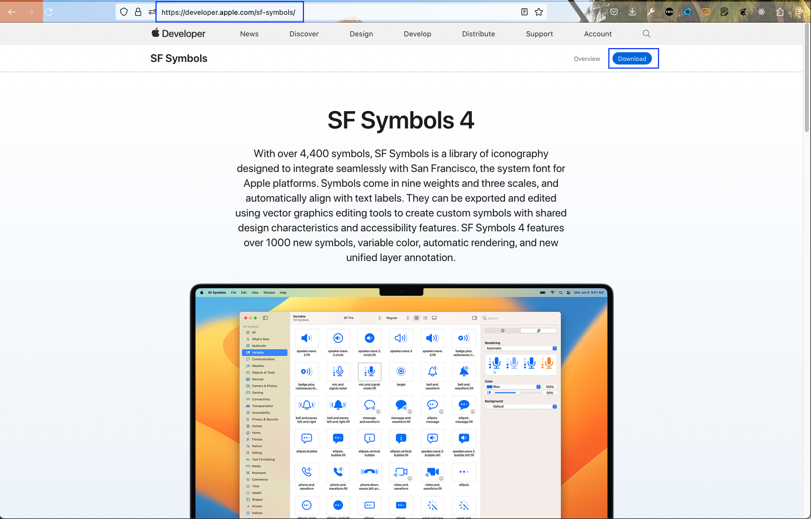 Apple Developer website displaying "SF Symbols" and SF Symbols 4"