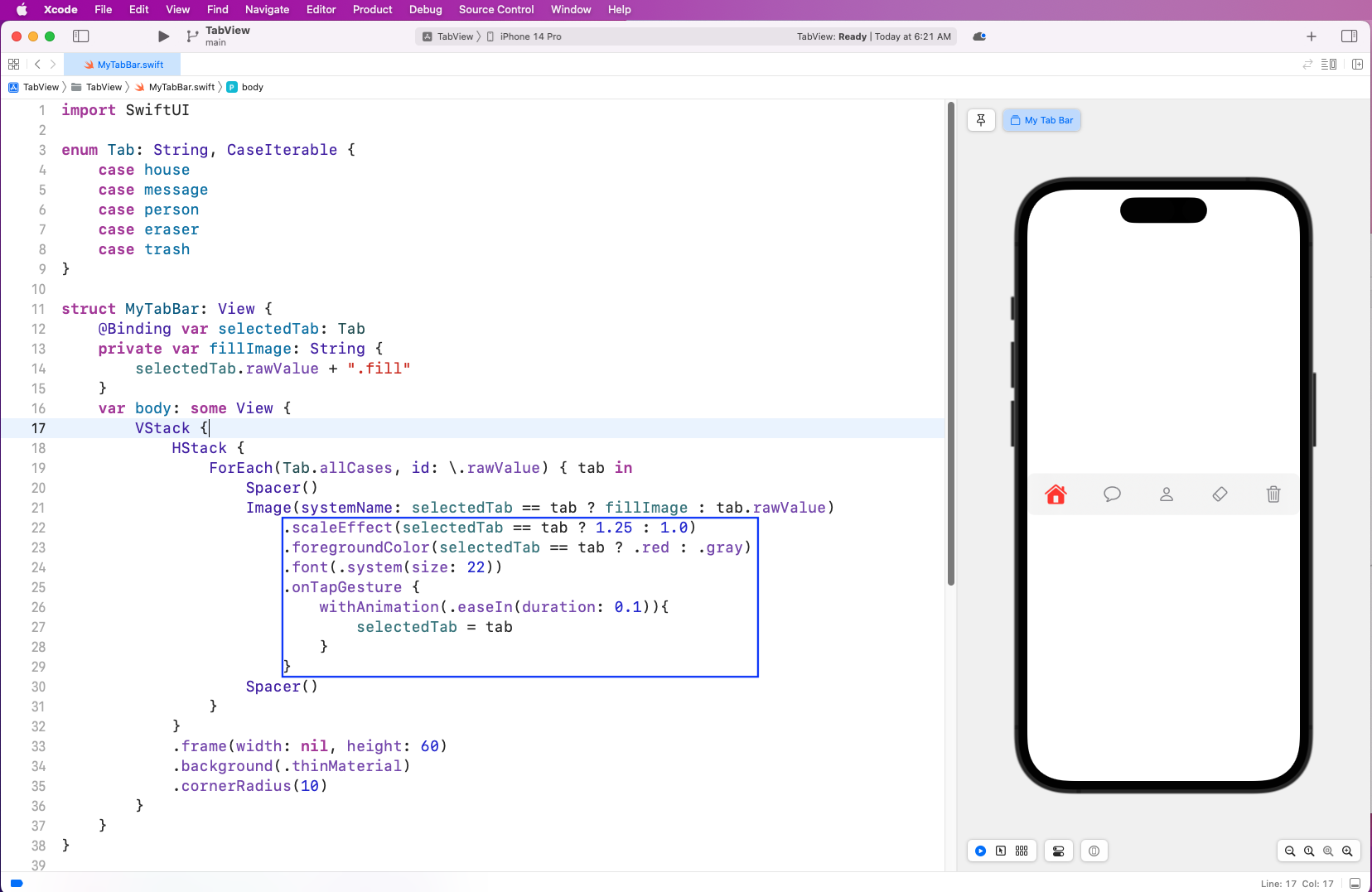 Shows MyTabBar.swift. iPhone display now has the house colored red