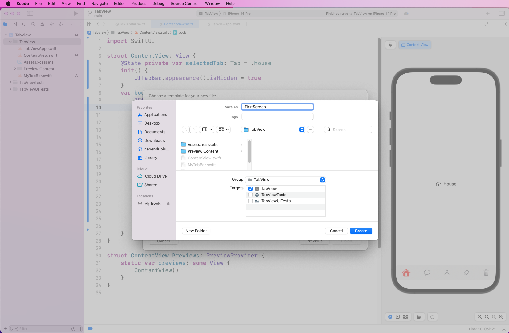 Pop-up shows saving the file as "FirstScreen". The section labeled "Targets" shows "TabView" selected.