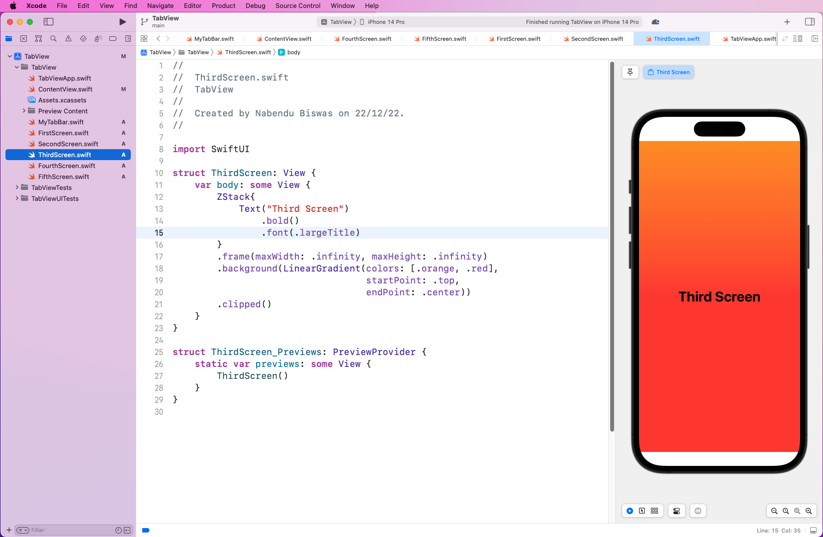 IDE shows "ThirdScreen.swift" content view on right side displays an iPhone with an orange-red gradient background and "Third Screen" located in the middle of the screen.