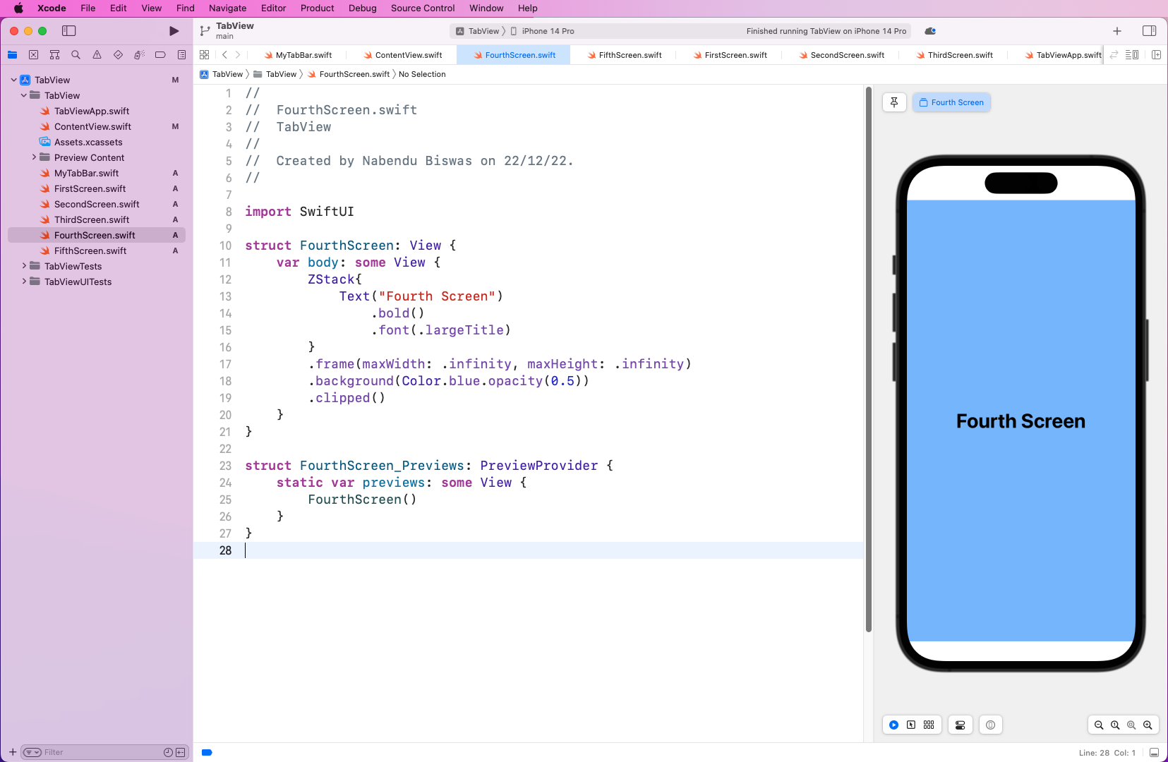 IDE shows "FourthScreen.swift" content view on right side displays an iPhone with a blue background at half (0.5) opacity and "Fourth Screen" located in the middle of the screen.