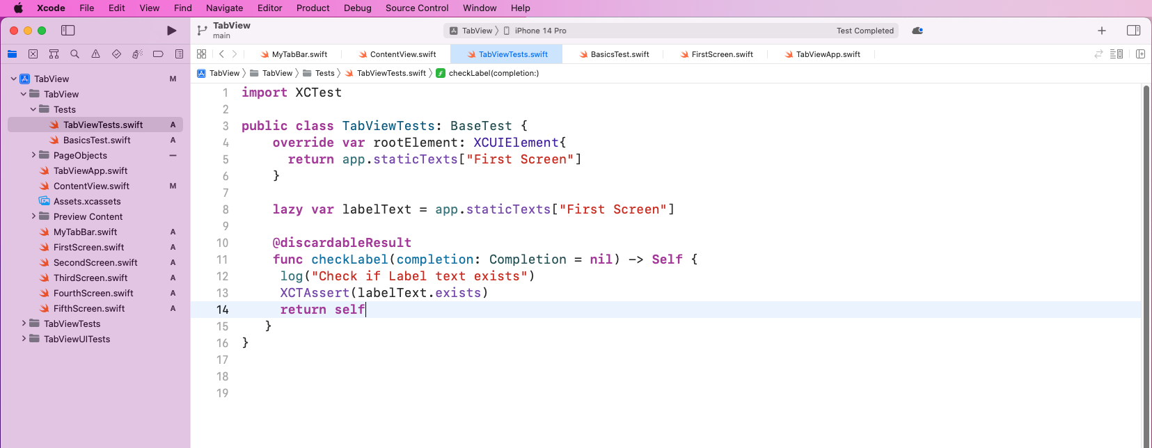 IDE shows "TabViewTests.swift"