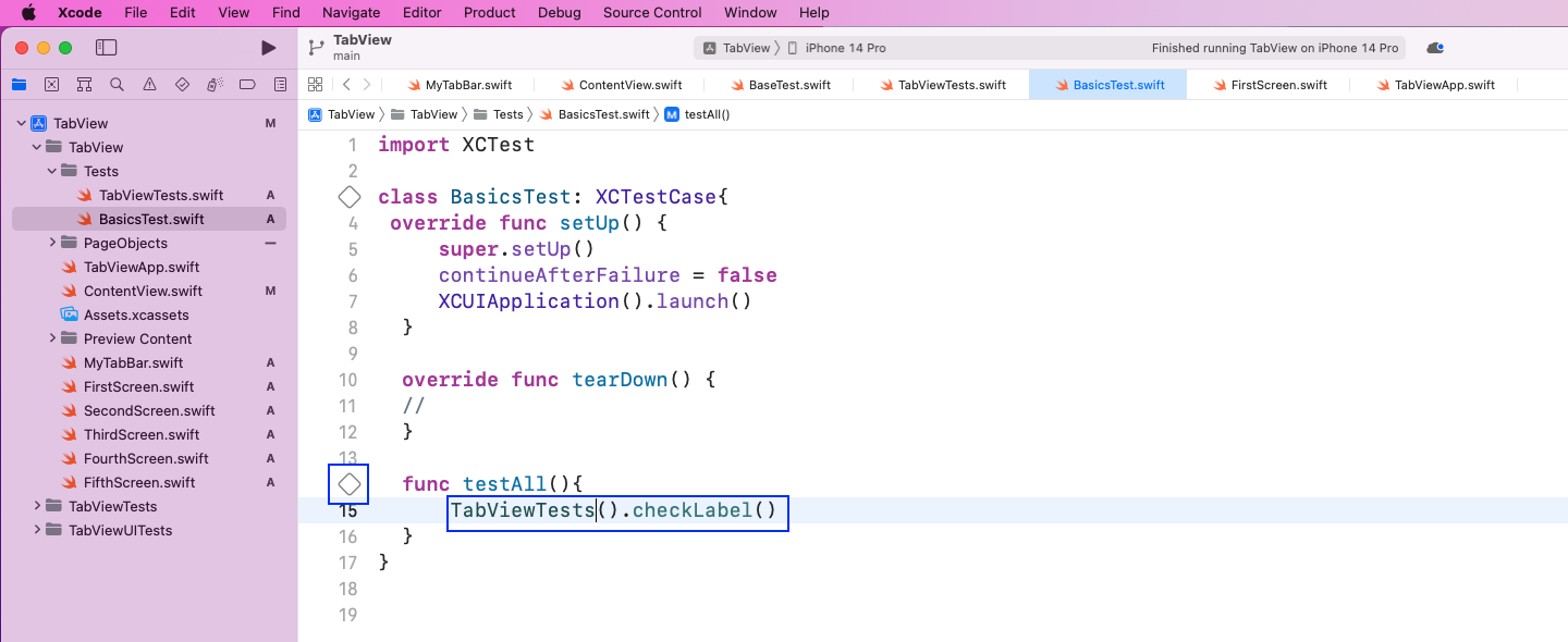 IDE shows "BasicsTest.swift" highlighting "TabViewTests().checkLabel()" and diamond shaped "tick box" button