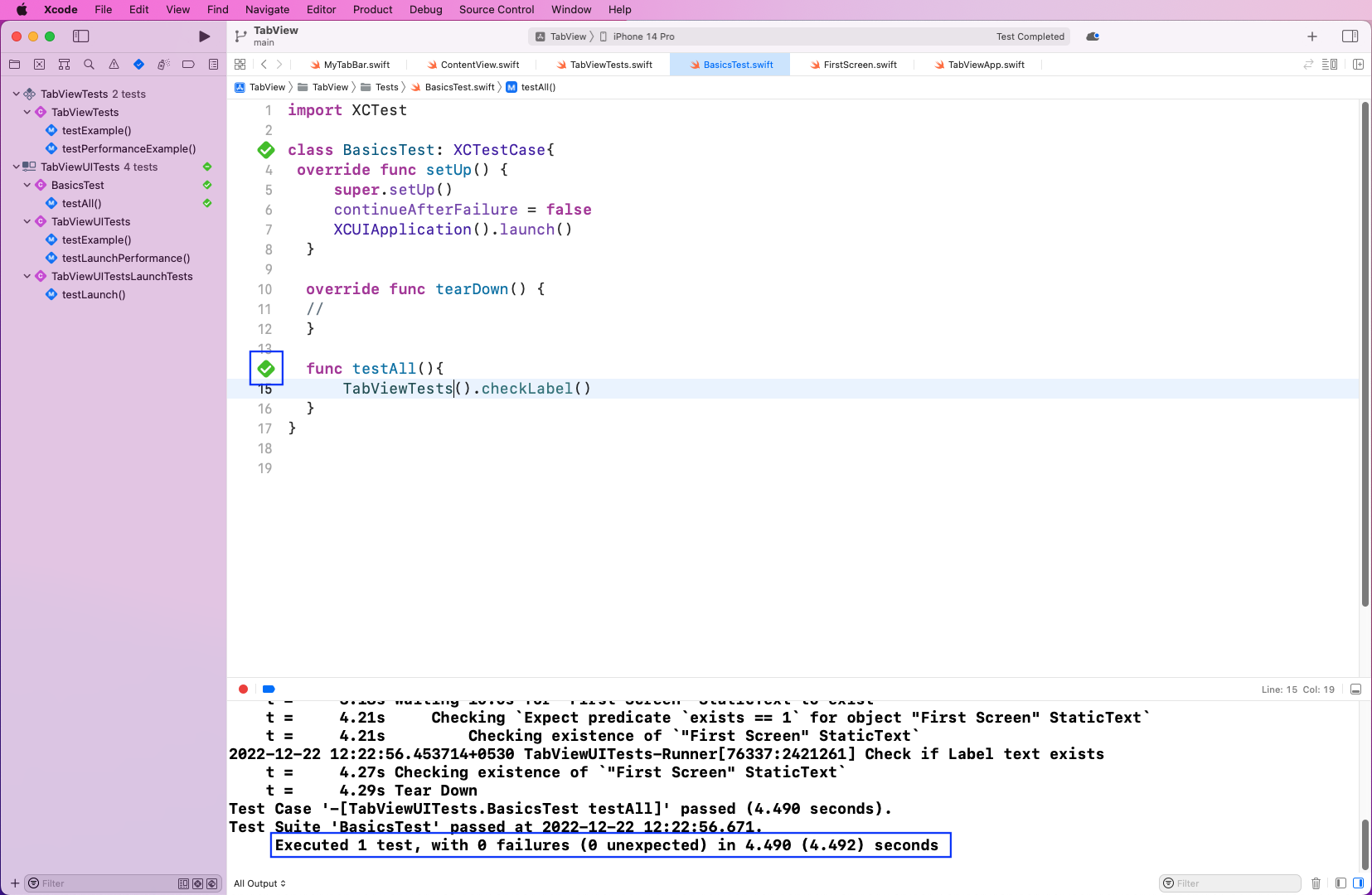 IDE shows "BasicsTest.swift" highlighting a diamond shaped "tick box" button as checked. Image also highlights "Executed 1 test, with 0 failures (0 unexpected) in 4.490 (4.492) seconds. 