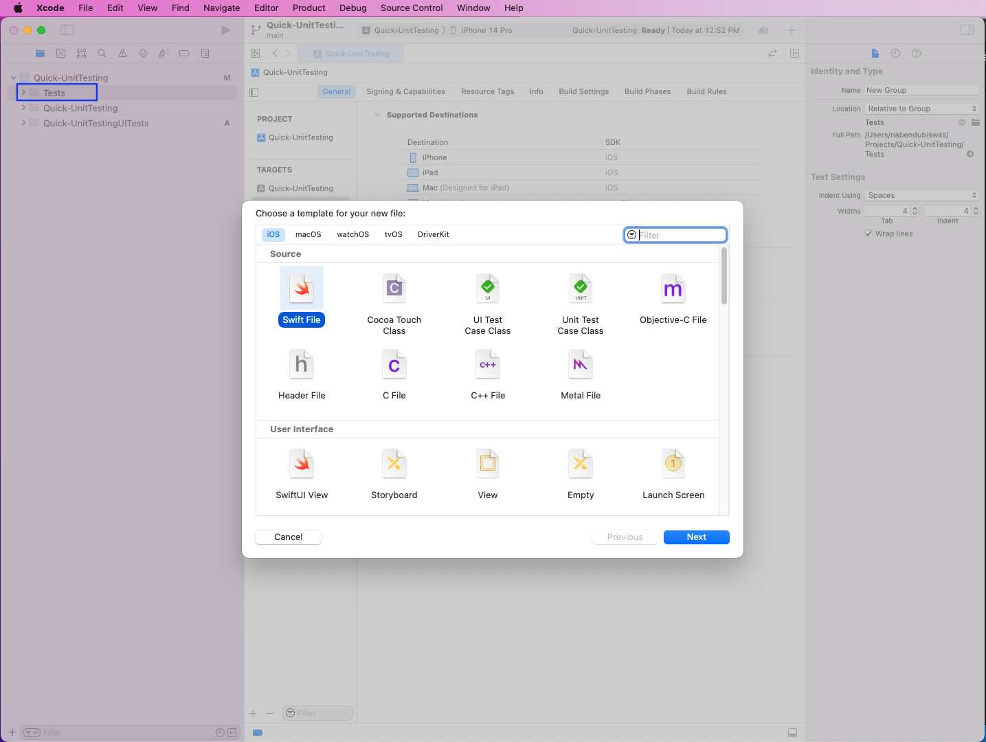 We'll first create a simple unit test with XCTest before writing similar tests with Quick