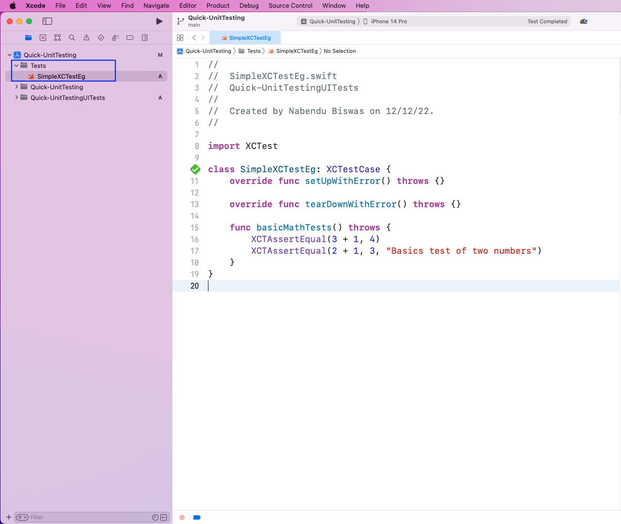 Our simple function basicMathTests() is checking two simple math operations with XCTAssertEqual expressions.