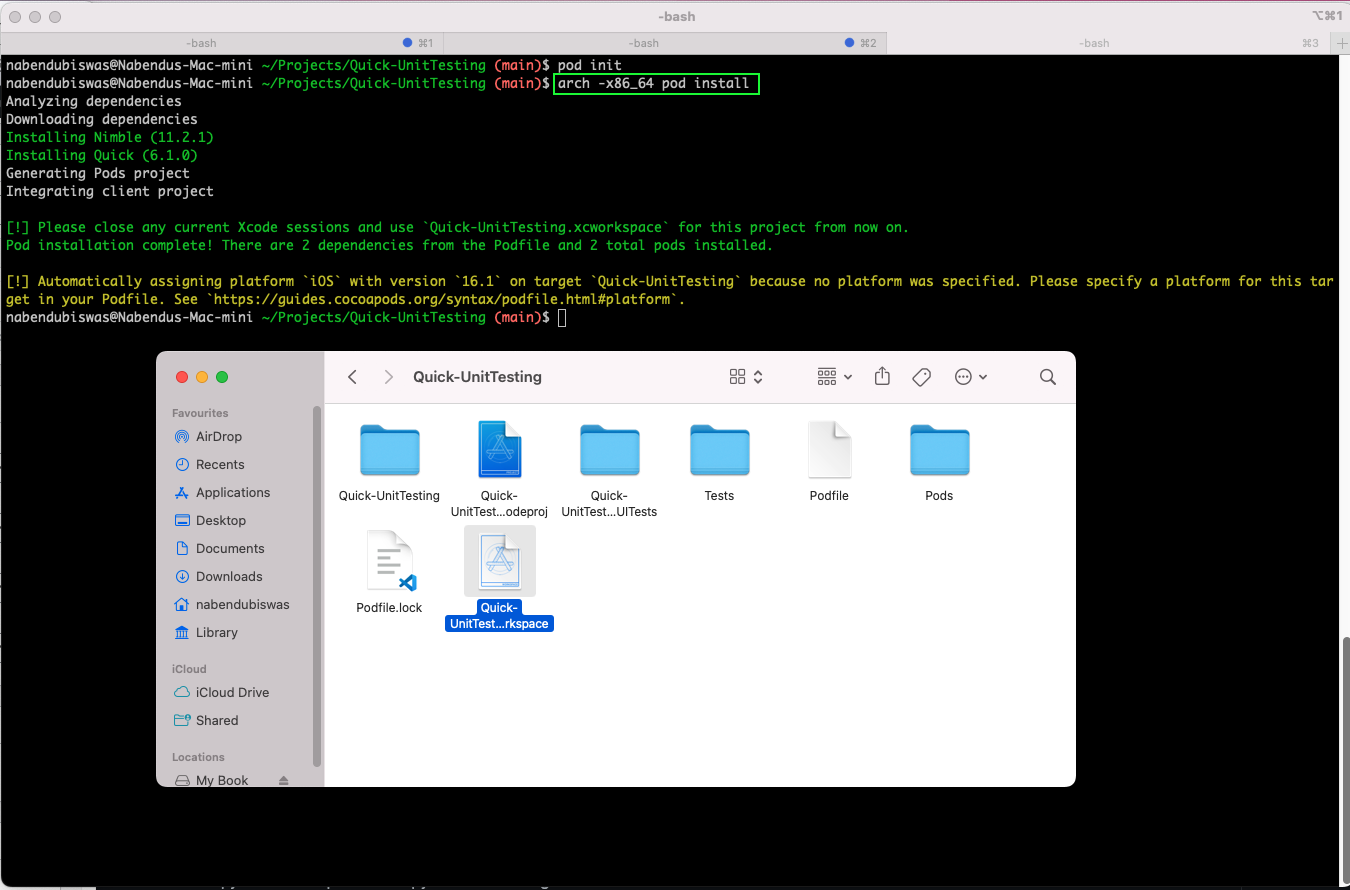 The command will install Quick and Nimble and will also create a new Quick-UnitTesting.xcworkspace file with a white background