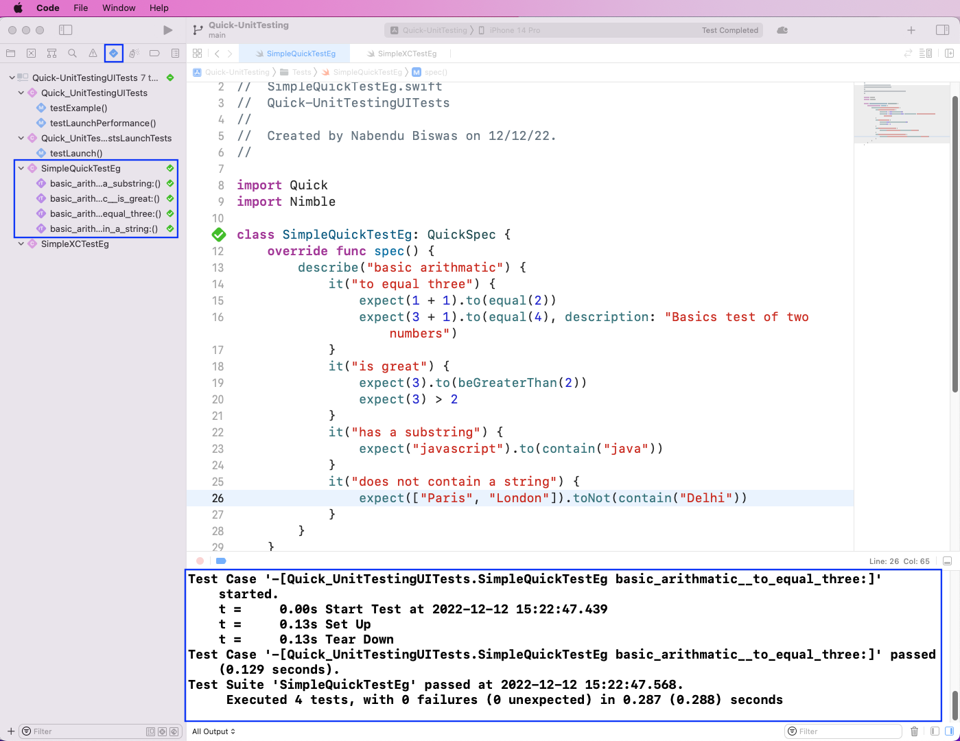 To run the test cases, go to the test tab. Now, in SimpleQuickTestEg, click on the play button. 