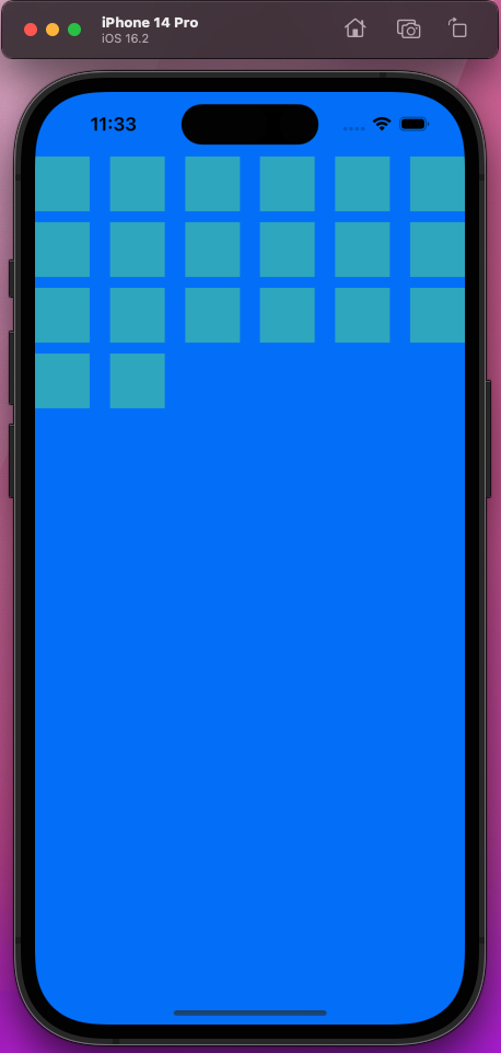 Upon running our app, we'll see 20 teal-colored rectangles on a blue background.