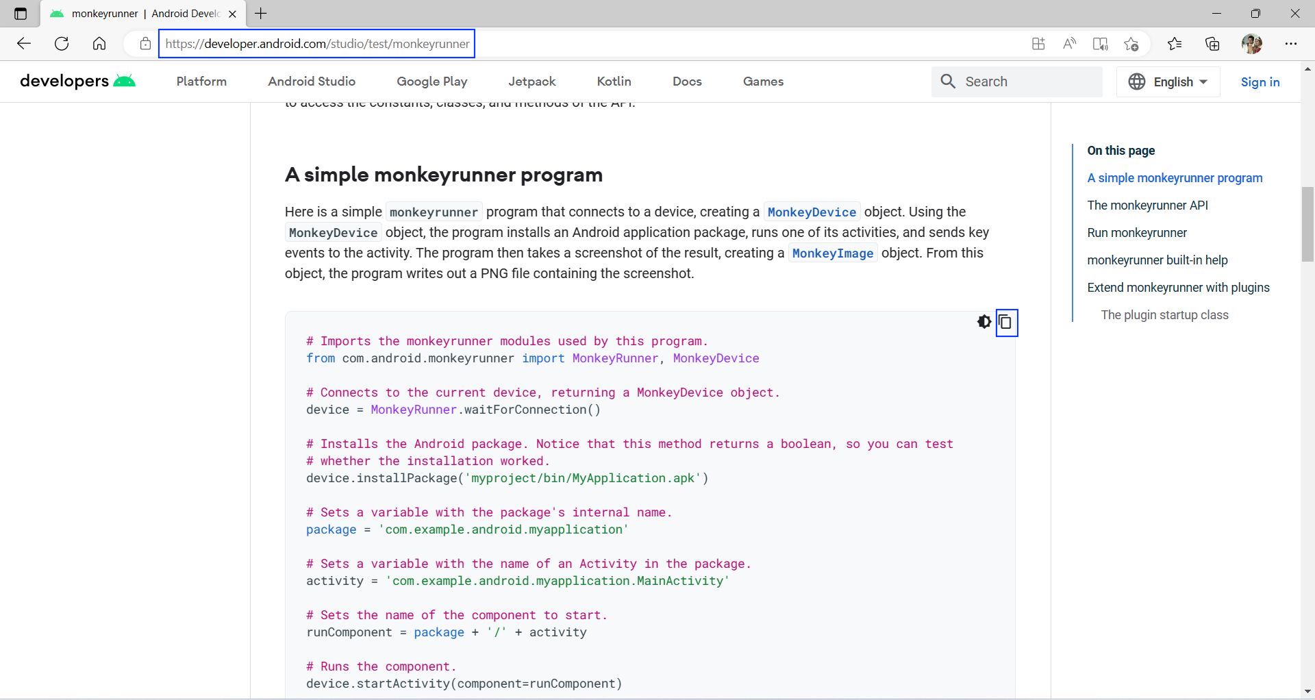 Monkey testing is a type of testing in which the tester gives a lot of random input to a web or mobile app. With this testing, we can make sure that the app is working well with a large range of input.  Also, load testing or performance testing is done in this process.  Most of the time, monkey testing is done by a tool. Monkeyrunner, which is part of Android Studio, is one such tool.  In this post, we'll first learn about monkeyrunner. After that, we'll learn to test an app with monkeyrunner. Finally, we'll see some of its alternatives, including one for iOS.  Android doesn't recommend monkeyrunner anymore because this package has not been maintained for some time.  What Is Monkeyrunner?  The monkeyrunner tool allows us to run monkey tests on any connected Android device or emulator. It's a Python program that can control the Android device or emulator. It also can click different elements on the app screen, enter all keys, and even take a screenshot.  But as conveyed earlier, this tool is not recommended, as it's not maintained. And monkeyrunner is also not available on iOS. So, we'll look into other tools that run monkey testing for iOS apps.  Python Script Setup  The monkeyrunner program is a Python program. So, we need to do some setup. The official documentation of monkeyrunner contains a simple program that we're going to use.  Frist, create a folder called MonkeyrunnerDemo and open it in VS Code. After that, create a file named monkey.py inside it.  We've added the code below in it, which we got from the official documentation.  # Imports the monkeyrunner modules used by this program. from com.android.monkeyrunner import MonkeyRunner, MonkeyDevice  # Connects to the current device, returning a MonkeyDevice object. device = MonkeyRunner.waitForConnection()  # Installs the Android package. Notice that this method returns a boolean, so you can test # whether the installation worked. device.installPackage('myproject/bin/MyApplication.apk')  # Sets a variable with the package's internal name. package = 'com.example.android.myapplication'  # Sets a variable with the name of an Activity in the package. activity = 'com.example.android.myapplication.MainActivity'  # Sets the name of the component to start. runComponent = package + '/' + activity  # Runs the component. device.startActivity(component=runComponent)  # Presses the Menu button. device.press('KEYCODE_MENU', MonkeyDevice.DOWN_AND_UP)  # Takes a screenshot. result = device.takeSnapshot()  # Writes the screenshot to a file. result.writeToFile('myproject/shot1.png','png')  We need a project with an APK file to test our app. So, we'll take the same app we've created in our React Native Appium post.  Now, we'll update the monkey.py file to contain the correct details. Here, we've updated the APK path, package, and activity name.  We'll also add a sleep code in our Python file. This is required because it takes some time (one to two seconds) to take a screenshot, and the app should be running in that time. We've also updated the path to take a screenshot.  MonkeyRunner.sleep(5)  Command Line to Run Monkeyrunner  To run monkeyrunner, we need command line tools installed in our Android Studio. If the same is not done, then go to this official link and download the command line tools according to your operating system.  Before the command line tools are downloaded, we need to agree to the terms.  After extracting the zip file contents, go inside the cmdline-tools folder and then the bin folder. Here, run the sdkmanager by double-clicking on it.  Now, go to the directory C:\Users\naben\AppData\Local\Android\Sdk\tools\bin, and here you'll find the monkeyrunner batch file.  Right-click anywhere in the file explorer and then click on "Open in Terminal."  Then, give the command below to run the monkeyrunner script. Here, we have to give the exact path where our monkey.py file is located.  .\monkeyrunner.bat D:\Projects\MonkeyrunnerDemo\monkey.py  This will open the app on the connected device or emulator and also take a screenshot.  Monkey Test in iOS Using SwiftMonkey  As told earlier, monkeyrunner is not available to test an iOS app, as it's an Android-exclusive feature. However, we can use the open-source project of SwiftMonkey to test the iOS app with the monkey test.  Instead of creating a new iOS app, we'll use the app created in our earlier post on SwiftyJSON. {~~~~~~~~~~~~~~~~~~~~Note to QA/client: Add link here~~~~~~~~~~~~~~~~~~~~~}  Here, we'll first go to the directory containing our project. After that, open the Podfile in TextEdit with the open Podfile command.  Now, as per the documentation, we need to add the pod commands for SwiftMonkey and a helper framework of SwiftMonkeyPaws.  pod 'SwiftMonkeyPaws', '~> 2.1.0' pod 'SwiftMonkey', '~> 2.1.0'  Next, run the pod install command from the terminal to add these packages.  In the Finder, the SwiftyJSONdemo.xcworkspace file with a white background will be updated. To use the updated project with SwiftMonkey and SwiftMonkeyPaws installed, open this in XCode.  Now, as per the documentation, we'll add the code below in our BasicsTest.swift file. Here, we're launching the app with SwiftMonkey doing the touch gesture after every 100 milliseconds.  func testMonkey() {   let application = XCUIApplication()   let monkey = Monkey(frame: application.frame)   monkey.addDefaultXCTestPublicActions(app: application)   monkey.addXCTestTapAlertAction(interval: 100, application: application)   monkey.monkeyAround() }  Now, hover the mouse pointer over testMonkey(), and we'll get a play button. Click on it to run this test.  Alternatives to Monkeyrunner  As per the official document, the monkeyrunner API is unmaintained, so it instead suggests we use App Crawler or UIAutomator.  The first way to use App Crawler can be found in the official documentation. With App Crawler, you need to provide your JAR and APK file, and we'll run it from the command line.  This will do all the user interactions, and we get rest without writing any code.  java -jar crawl_launcher.jar --apk-file path/to/my/app.apk --android-sdk path/to/my/android/sdk  The other method that's recommended here is for UIAutomator. We've previously written detailed posts to test apps with UIAutomator. In that post, we wrote three types of tests with UIAutomator and tested the built-in Calculator app in Android.  Also refer to our post on UIAutomatorViewer to learn about usage for the same.  Additionally, we have another post showing the differences between UIAutomator and Espresso. Refer to it here.  What We've Learned  In this post, we've talked about monkey testing and learned about the package monkeyrunner, which is used for monkey testing in Android apps.  After that, we learned to write Python script to test an Android app through an APK file.  Next, we learned to do monkey testing in an iOS app through the package of SwiftMonkey.  We've also learned about two alternatives to monkeyrunner recommended by Android. We need to use these new tools of App Crawler or UIAutomator since monkeyrunner is not maintained anymore.  With monkeyrunner, we've seen that a popular third-party tool can be deprecated as no development happens. Also, these tools require knowledge of a programming language, like monkeyrunner needs knowledge of Python.  However, the recommended replacement App Crawler or UIAutomator is not that easy to use or set up.  Instead of all these options, such as learning a programming language or doing a complicated setup, we can use Waldo to perform such tests.  Here, you're only required to provide the APK or IPA file. Then, just run the Waldo test, and it automatically generates test cases and emails you everything.  So, start a free trial today. If you want to learn about Waldo's support for end-to-end tests, refer here.