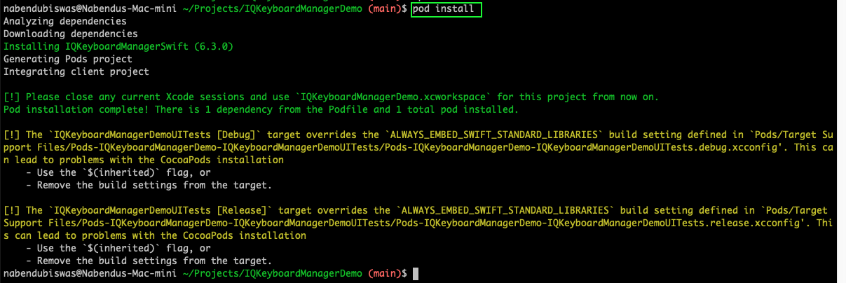 We'll now run the pod install command from the terminal, and it'll install the IQKeyboardManager in our project.