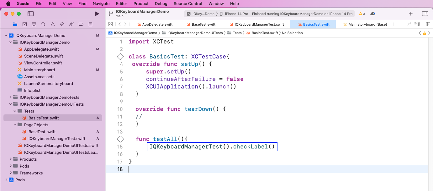 Now, in the BasicTest.swift file, we'll call the IQKeyboardManagerTest class and then the checkLabel function.