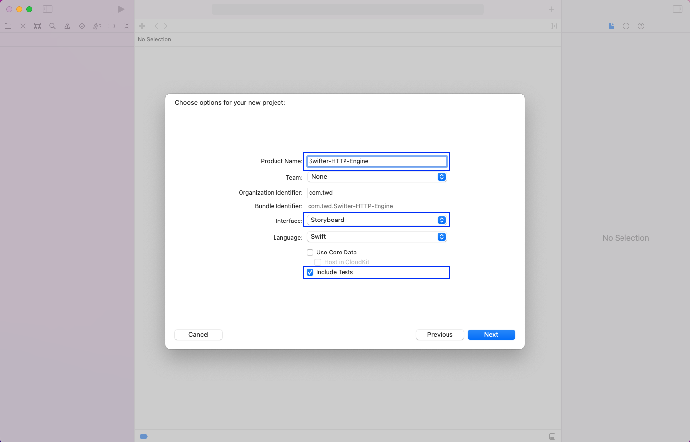 Selecting "Swifter-HTTP-Engine" as product name, "Storyboard" as interface, and selecting the checkbox for "include tests"