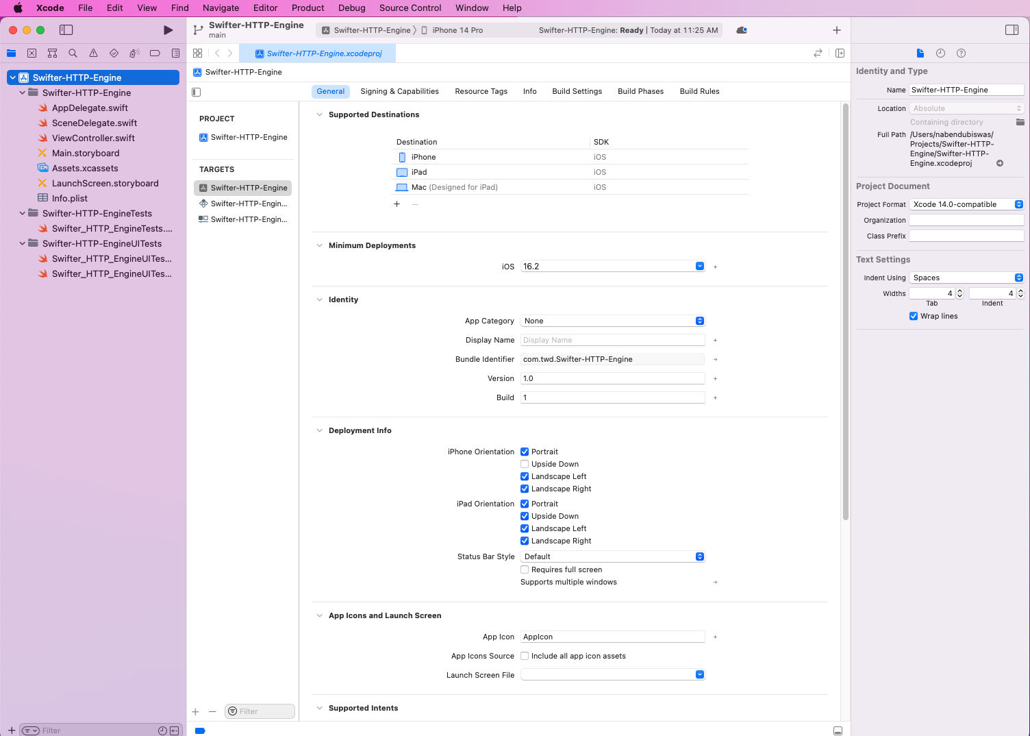 Shows general settings after creating the new project