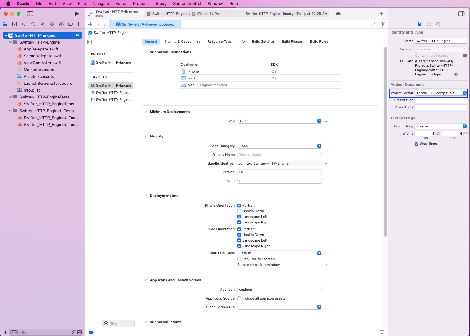 Highlights "Project Format: "Xcode 13.0 compatible" in the general settings