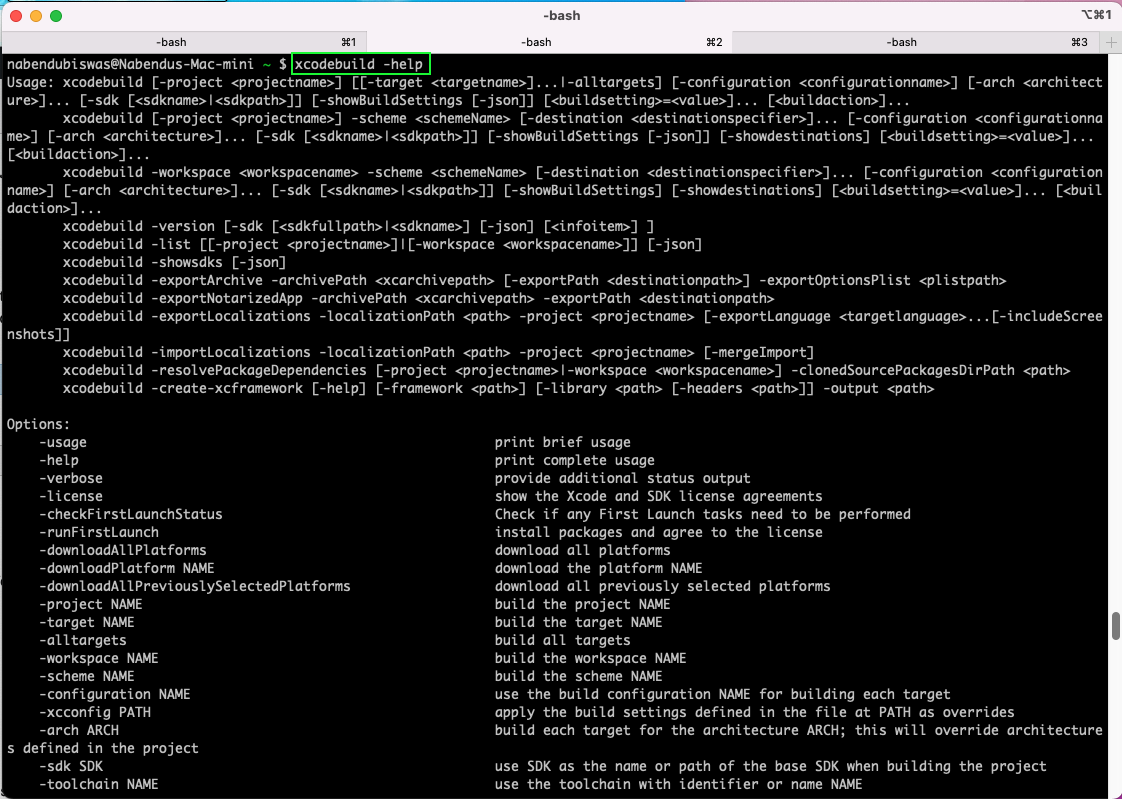 running xcodebuild help