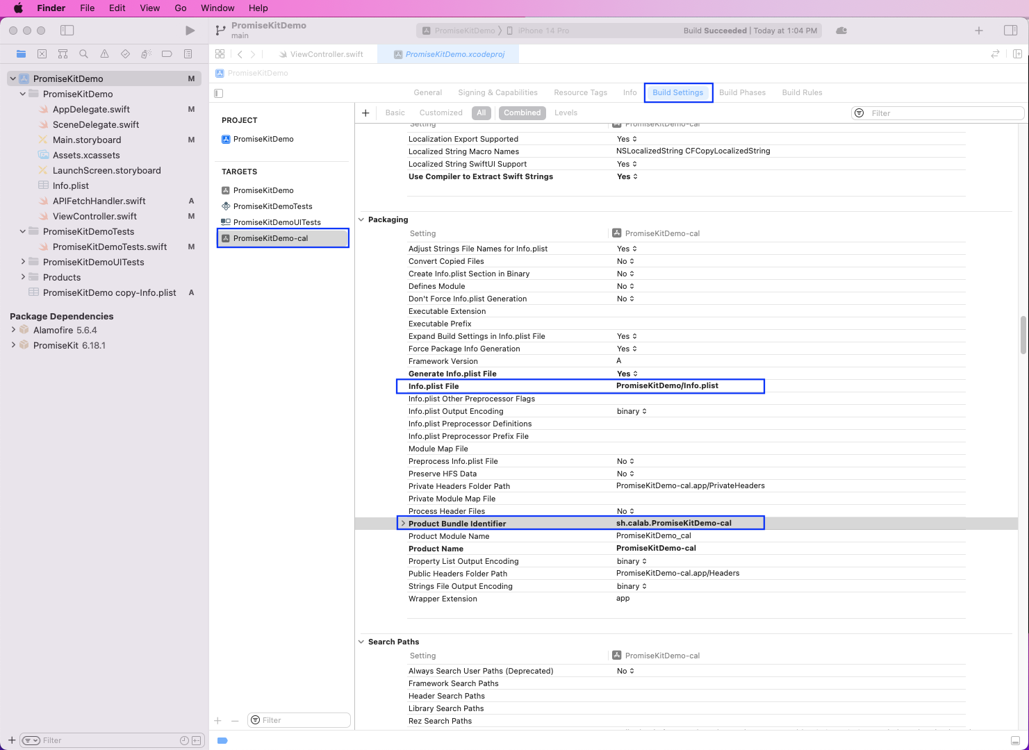 From the new PromiseKitDemo-cal target, go to Build Settings