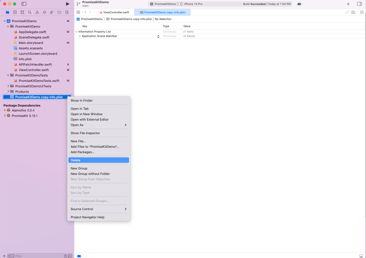 The wrong Info.plist file will be created, so we need to right-click on it and delete it.
