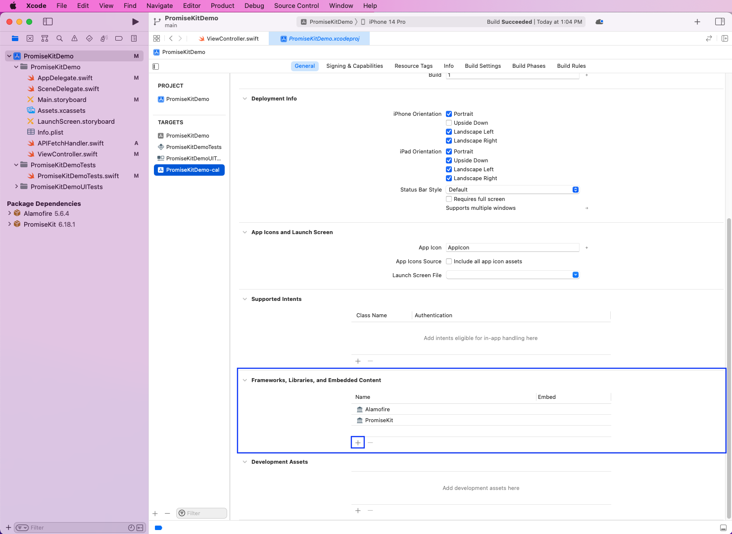 Now, back in the PromiseKitDemo-cal target, go to the Frameworks, Libraries, and Embedded Content section.