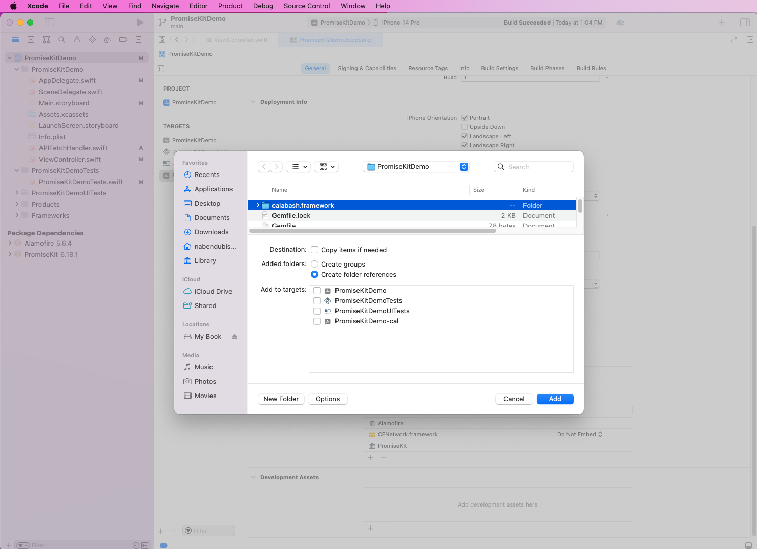 In the pop-up, select the calabash.framework folder.
