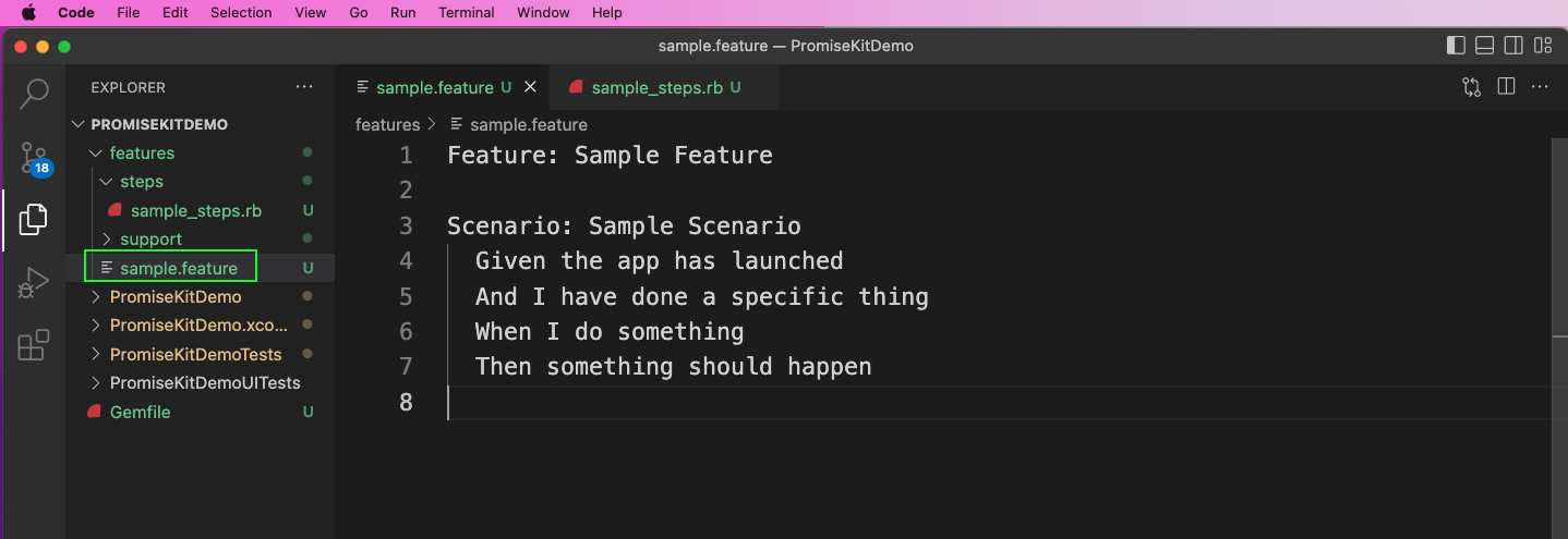 The sample.feature file is where we write our tests