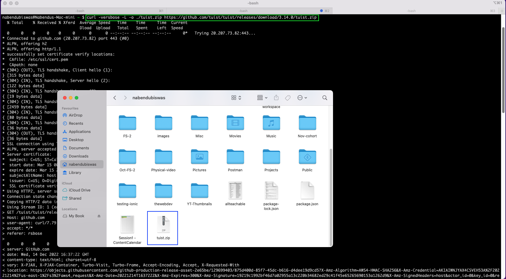 image highlights "curl -verbose -L -o ./tuist.zip https://github.com/tuist/tuist/releases/download/3.14.0/tuist.zip"