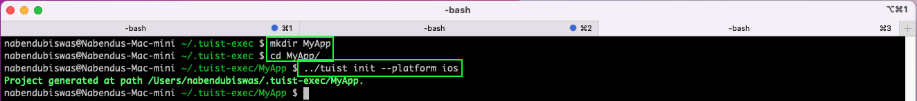 image highlights "mkdir MyApp" "cd MyApp/" "../tuist init --platform ios"