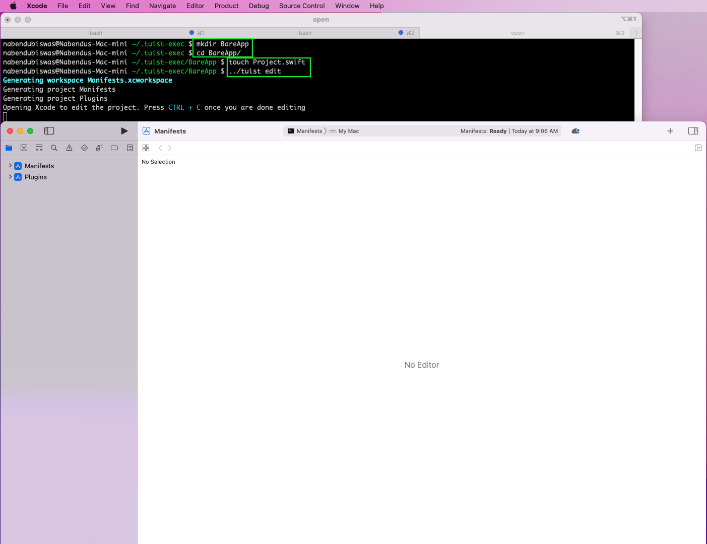 Image highlights "mkdir BareApp", "cd BareApp/" "touch Project.swift" "../tuist edit"