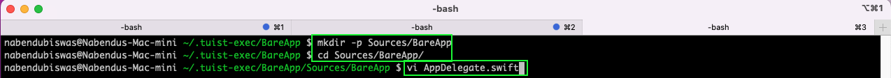 image highlights "mkdir -p Sources/BareApp" "cd Sources/BareApp/" and "vi AppDelegate.swift"