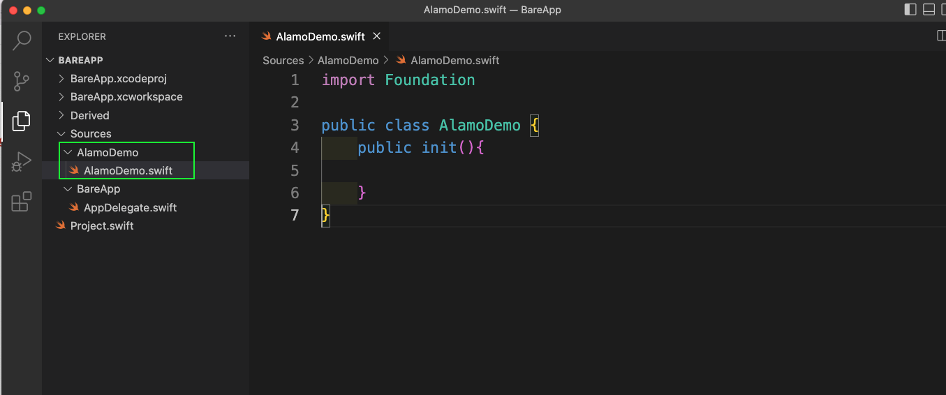 Image highlights "AlamoDemo" folder and "AlamoDemo.swift" file under sources folder