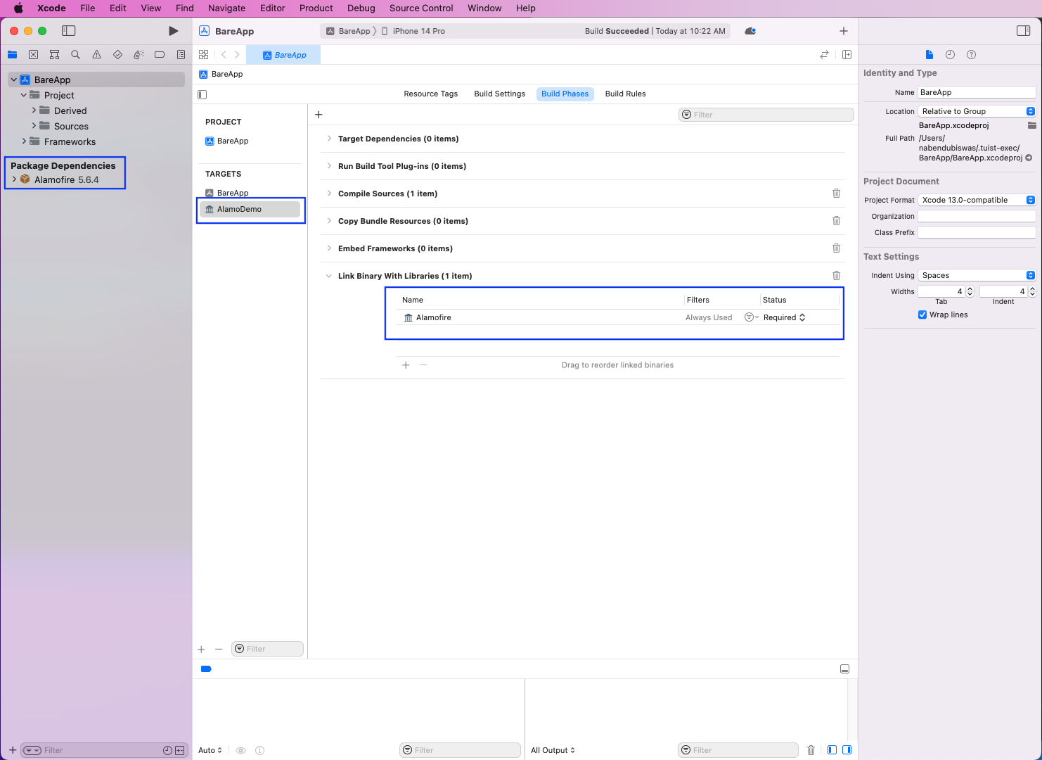 Image highlights "Package Dependencies >Alamofire 5.6.4", "AlamoDemo" under Targets, and "Alamofire" under "Link Binary With Libraries (1 item)"