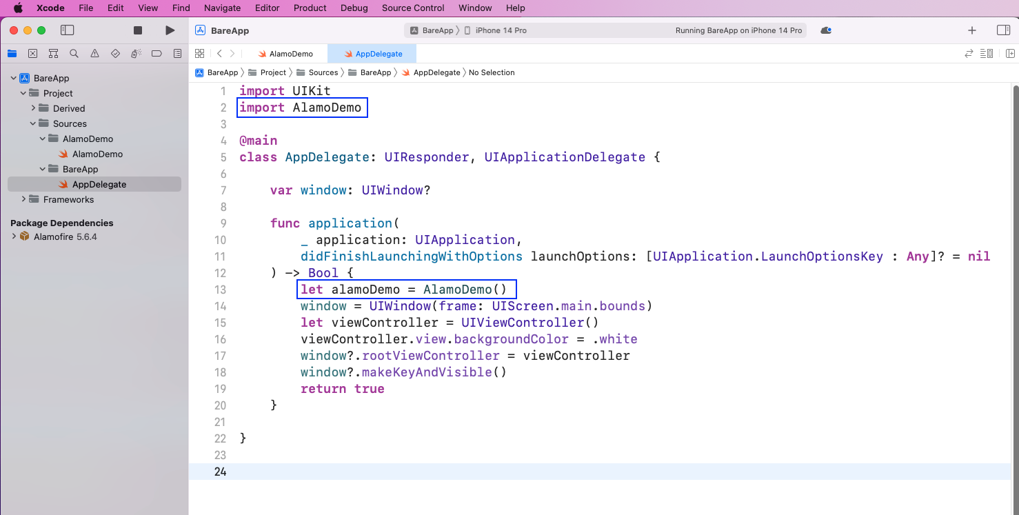 image highlights "import AlamoDemo" and "let alamoDemo = AlamoDemo()"