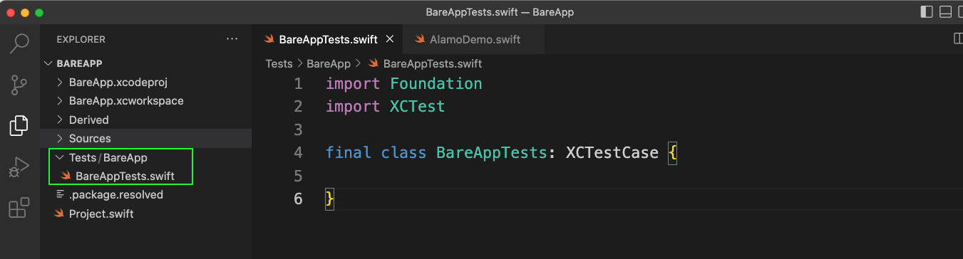 Image highlights folder "Tests/BareApp" and file "BareAppTests.swift"