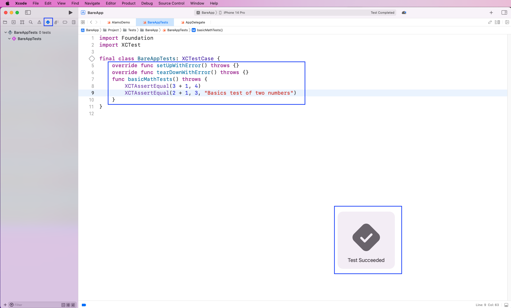 Image highlights code under "final class BareAppTests: XCTestCase {" and "Test Succeeded" 