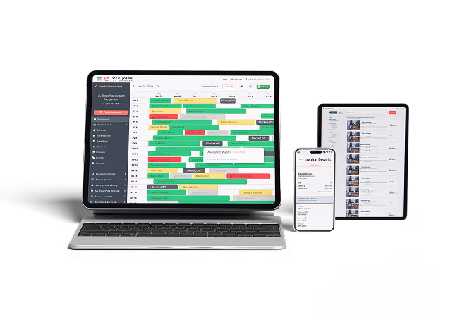 Laptop, tablet, and smartphone showing RoverPass reservation calendar, listings, and invoice details