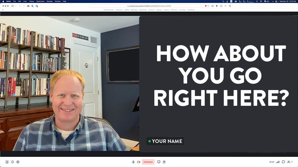 Bodie Quirk sitting at his desk for a one on one call