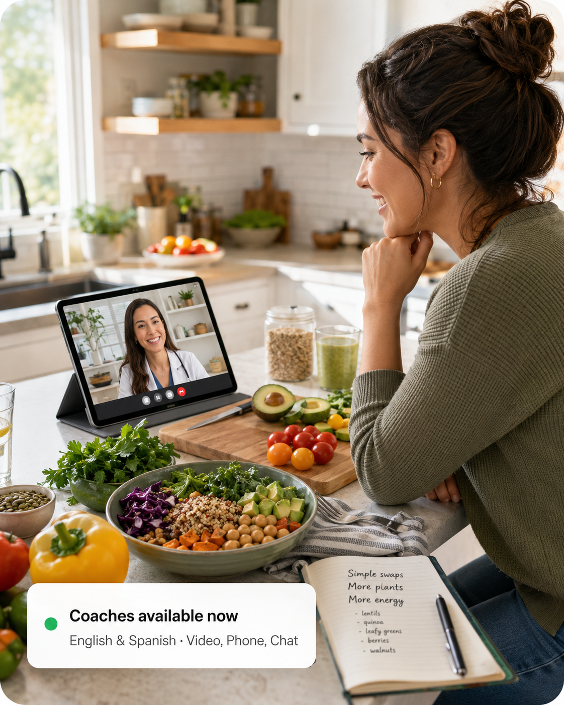 Woman video chatting with a nutrition coach on tablet, healthy meal and notes on plant-based swaps nearby.