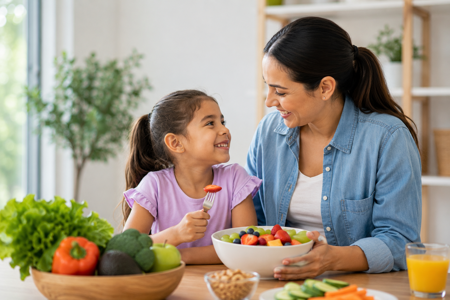 A parent and child smiling together at home