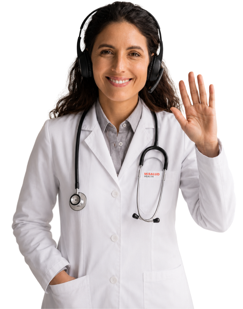 Bilingual MiSalud Health clinician in a white coat waving