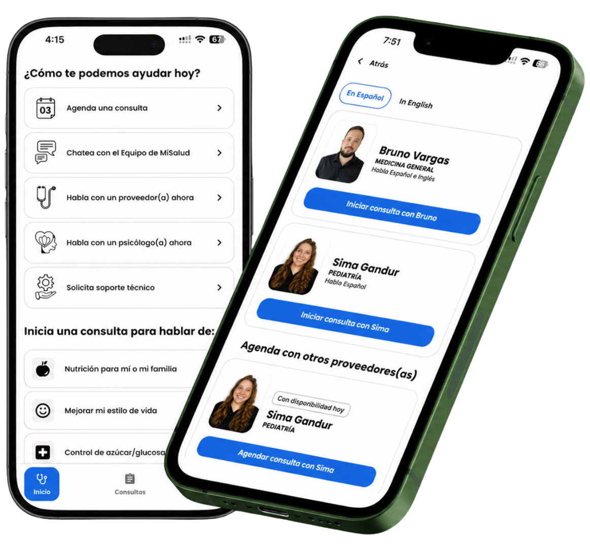Two smartphones showing a Spanish healthcare app with options to schedule consultations and chat with providers.