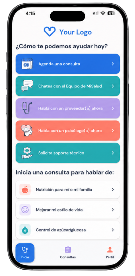 Mobile app home screen in Spanish showing options for consultation, chat, provider, psychologist, and support.