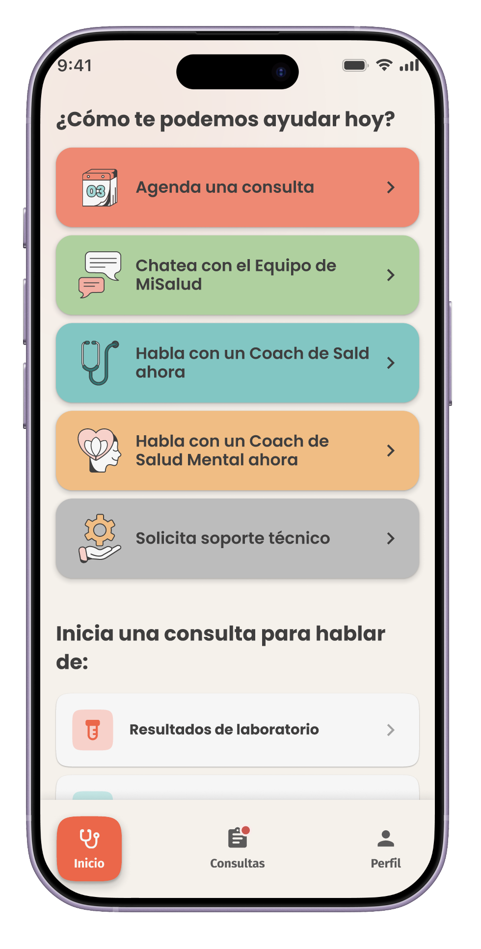 MiSalud app home screen