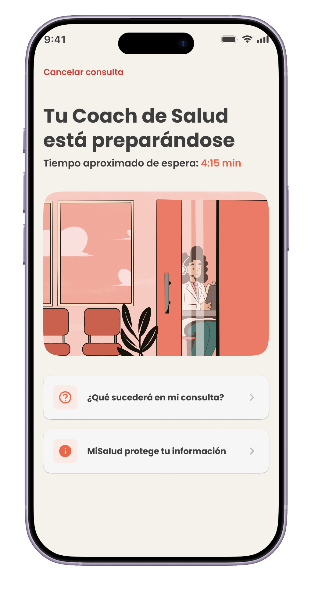Waiting room in the MiSalud app