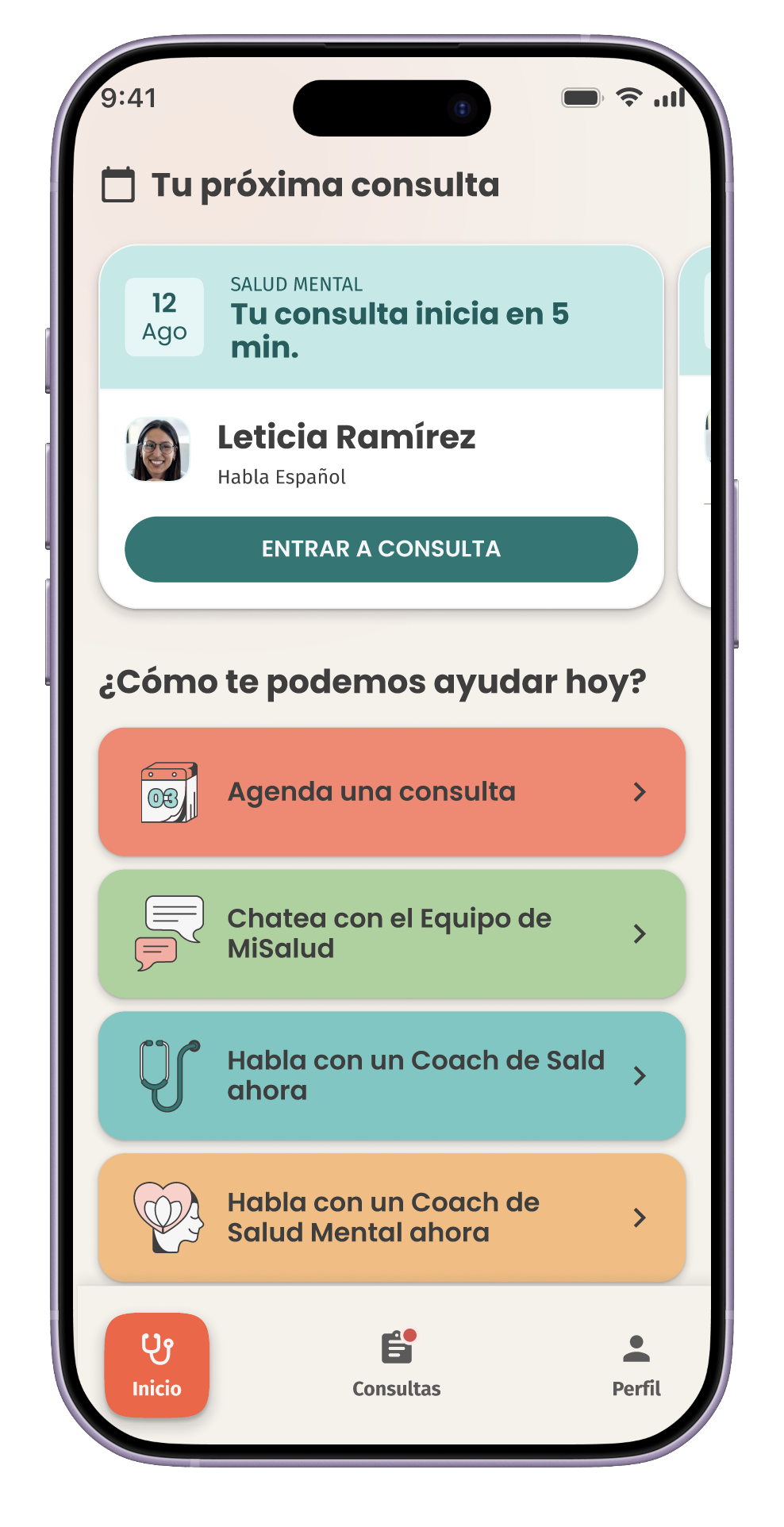 La app de MiSalud mostrando la próxima consulta con un botón para entrar