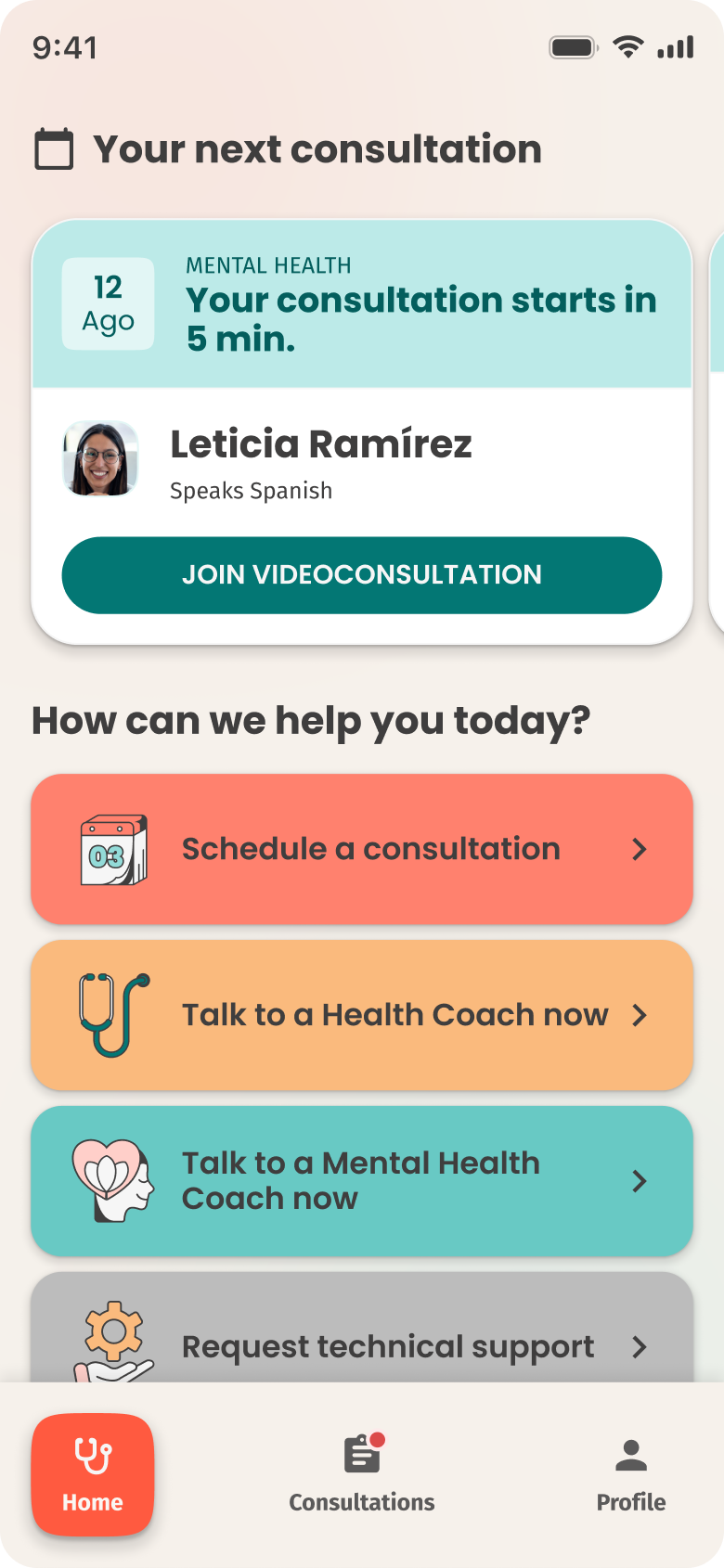 The MiSalud app showing the next consultation with a button to join