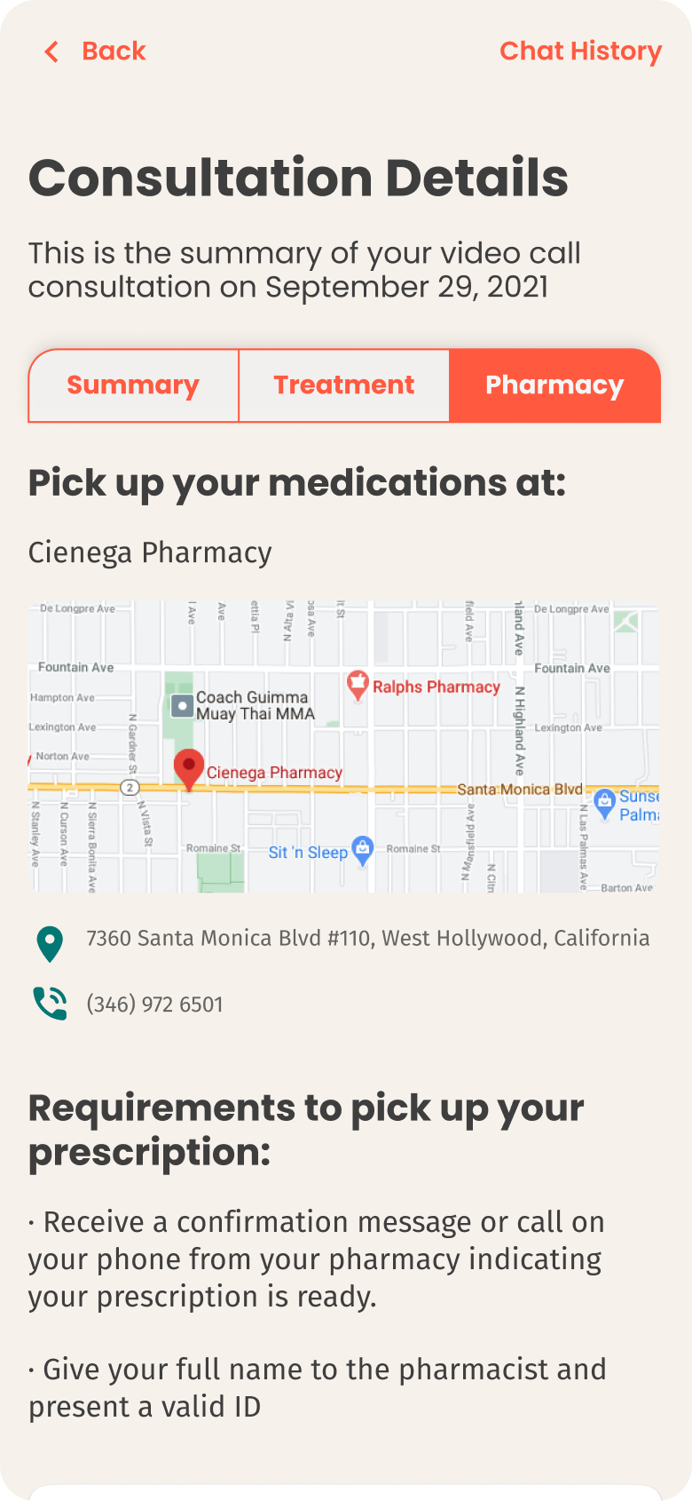 The MiSalud visit summary showing the pharmacy to pick up a prescription