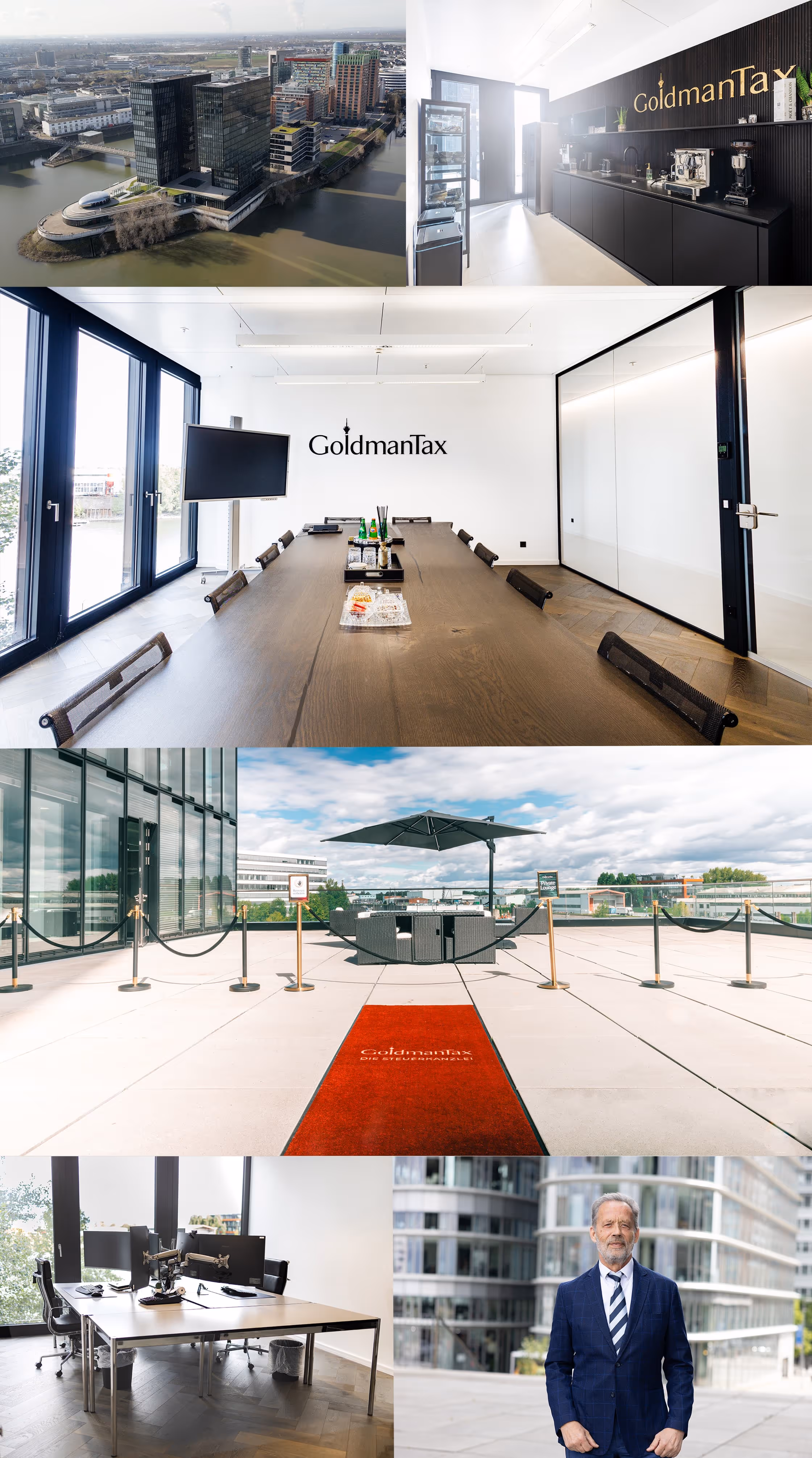 Eine Collage mehrerer Fotos aus dem Büro von Goldmantax mit einblick in die Steuerkanzlei, Küche, Drohnenshot Gebäude im Medienhafen, Arbeitspaltz mit Monitoren, etc.
