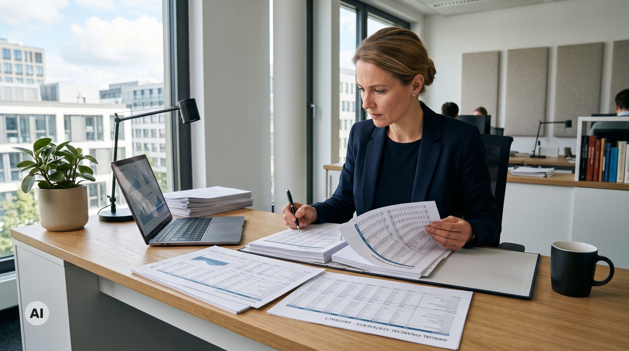 Steuerberater analysiert die laufenden Kosten einer Holdingstruktur mit zwei Jahresabschlüssen (KI-generiert)